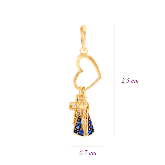 Pingente Coração com Nossa Senhora e Cruz Ouro 18K