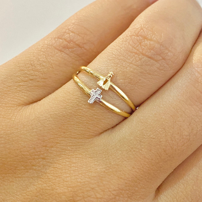 Anel Nossa Senhora Aparecida e Cruz Ouro 18K