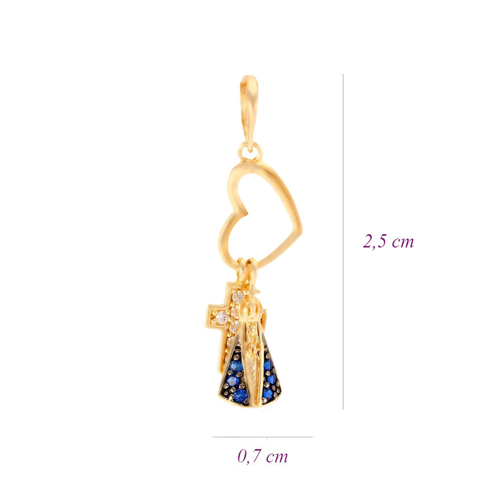 Pingente Coração com Nossa Senhora e Cruz Ouro 18K