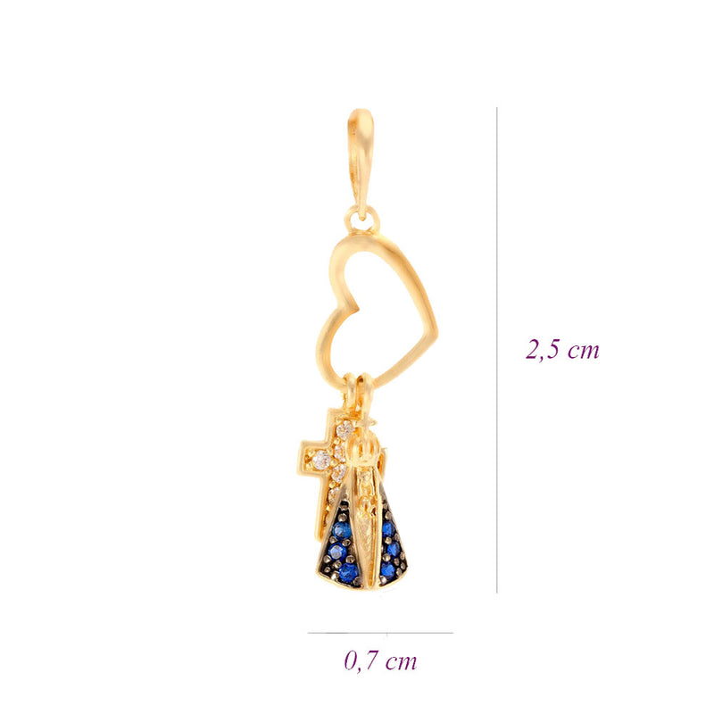 Pingente Coração com Nossa Senhora e Cruz Ouro 18K